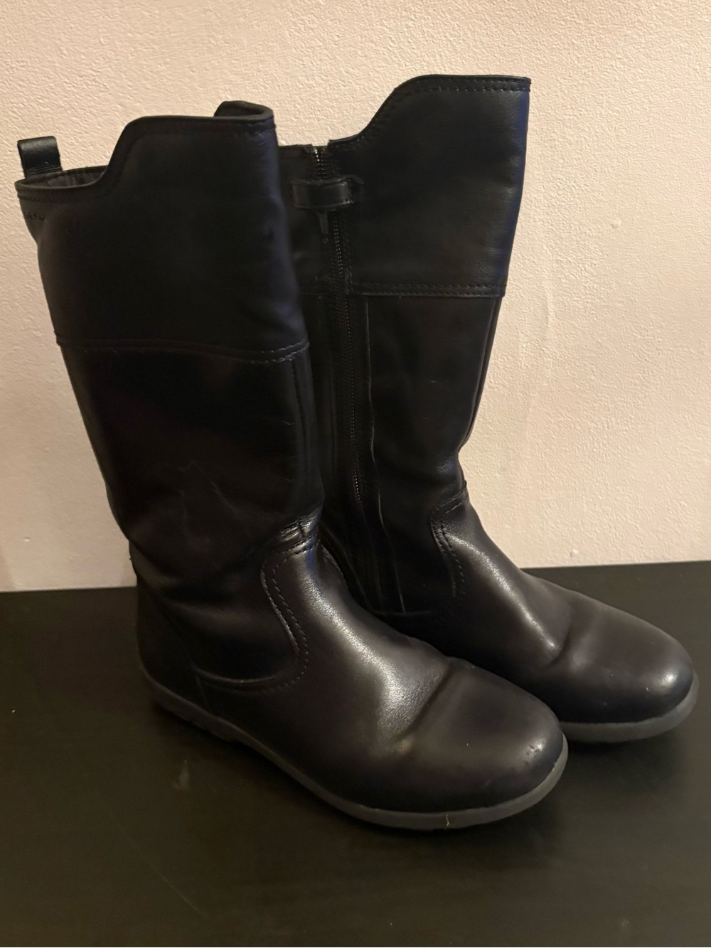 Geox Girls Black High Calf Zip Leather Boots Size 2